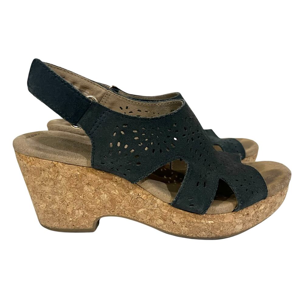 CLARKS Women’s Sandals Clogs GISELLE BAY Wedge Cork Heel Black Size US 7.5 M